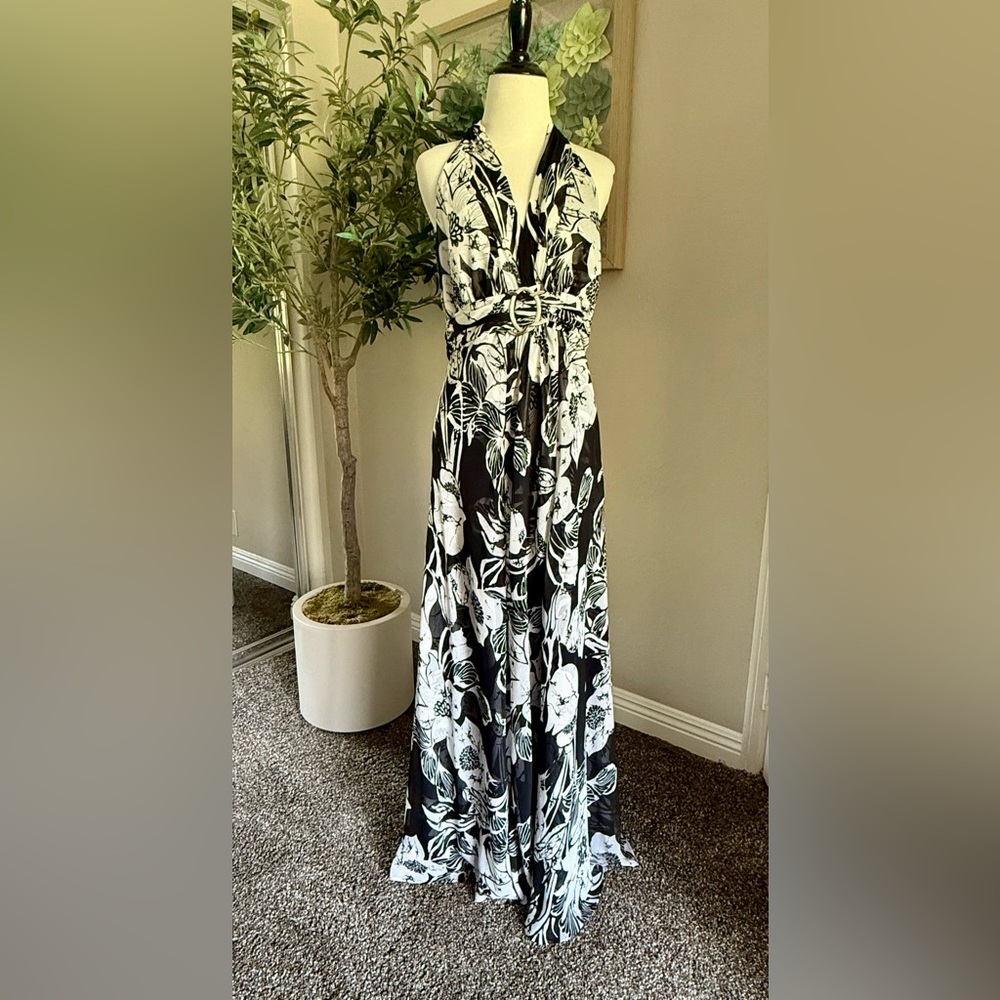 White House Black Market Monochrome Floral Halter Maxi Dress